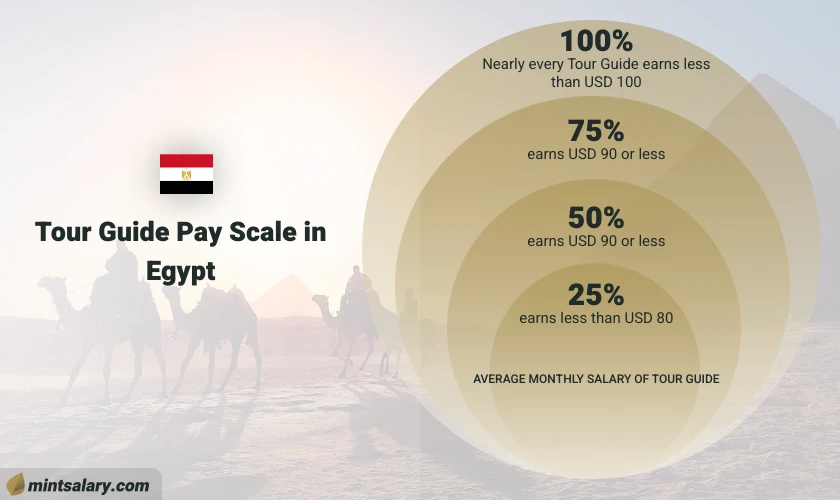 In Egypt, nearly everyone working as a Tour Guide earns less than USD 660. Approximately 75% of Tour Guides in Egypt earn USD 210 or less. Half of the employees in Egypt who work as Tour Guides earn less than USD 150, while the remaining 25% of Tour Guides in Egypt earn less than USD 110.